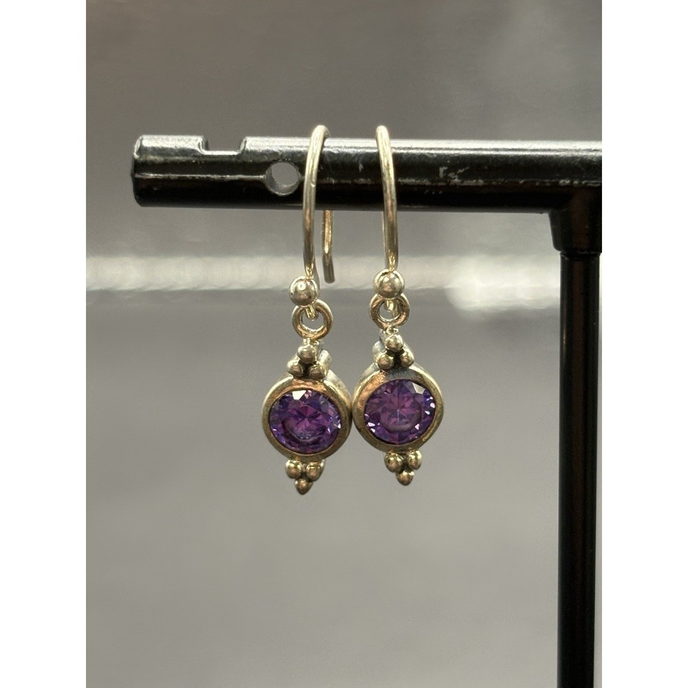 Vintage Sterling Silver Purple Cubic Zirconia Dangle Earrings 925 H5